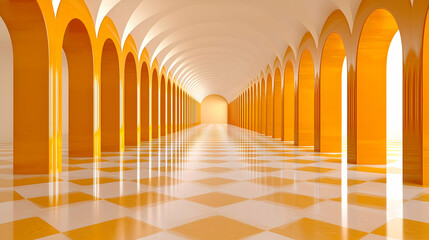 Orange arched hallway, bright interior, checkered floor, architectural design, website banner