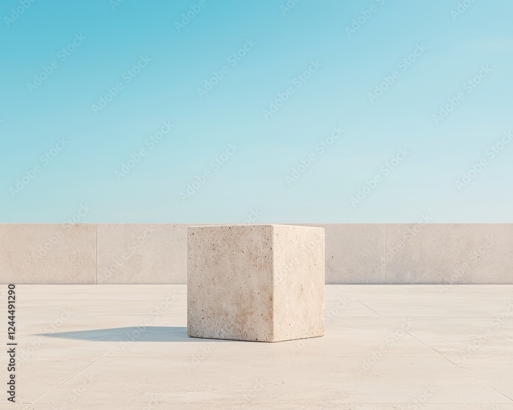 Poster a minimalistic concrete structure stands alone against a clear blue sky, showcasing modern architect