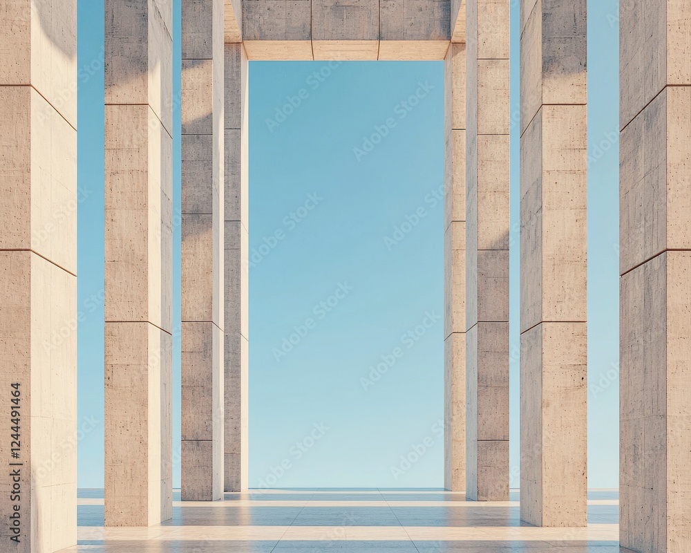 Poster a minimalist view of modern concrete columns forming an open space, inviting natural light and creat