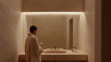 Facing the mirror, a man in a plush bathrobe gently massages cream into his skin. The bathroom is elegantly designed with a backlit vanity, smooth stone surfaces, and a minimalist,