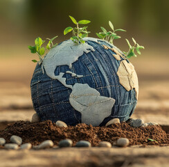 Earth made of denim with sprouting plants on soil symbolizing sustainability and World Wildlife Day