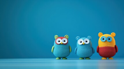 Obraz premium Three charming crochet owls stand in a row against a smooth pastel blue background. Each owl features distinct colors and facial expressions, representing creativity and craftsmanship