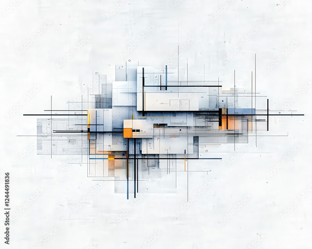 Poster this abstract graphic features a harmonious blend of geometric shapes and lines in soft colors, perf