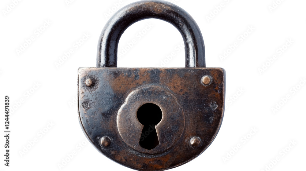 Poster old rusty closed padlock isolated on transparent background