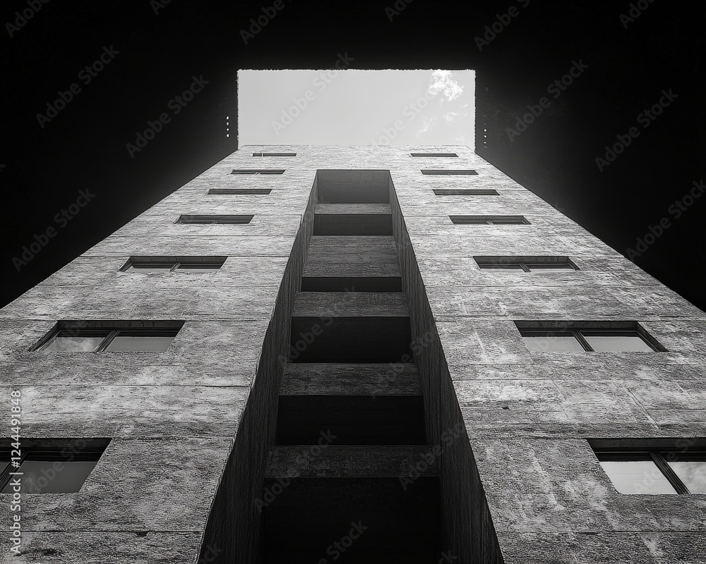 Poster a striking black and white image showcasing a towering building from a low angle, emphasizing its mo