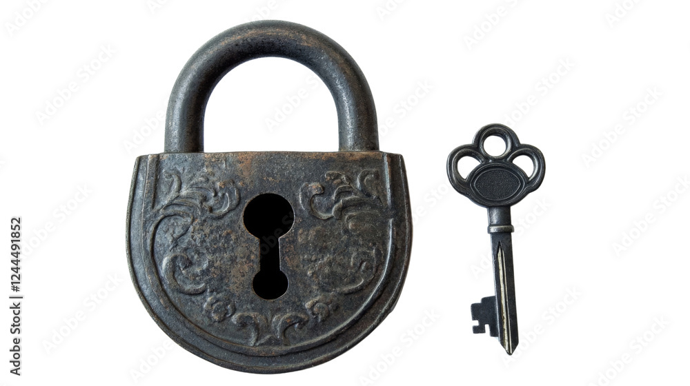 Poster old padlock and key isolated on transparent background