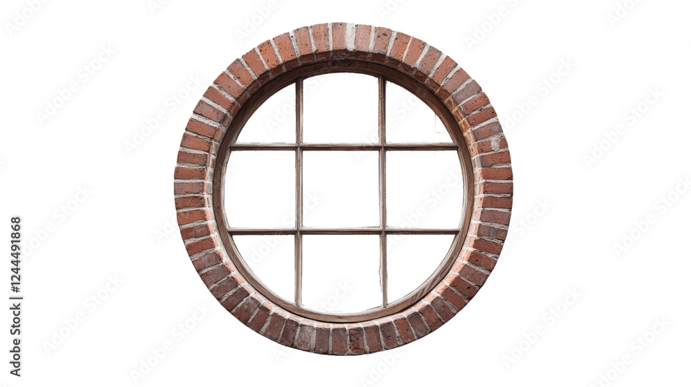 Poster round window with brick frame on transparent background