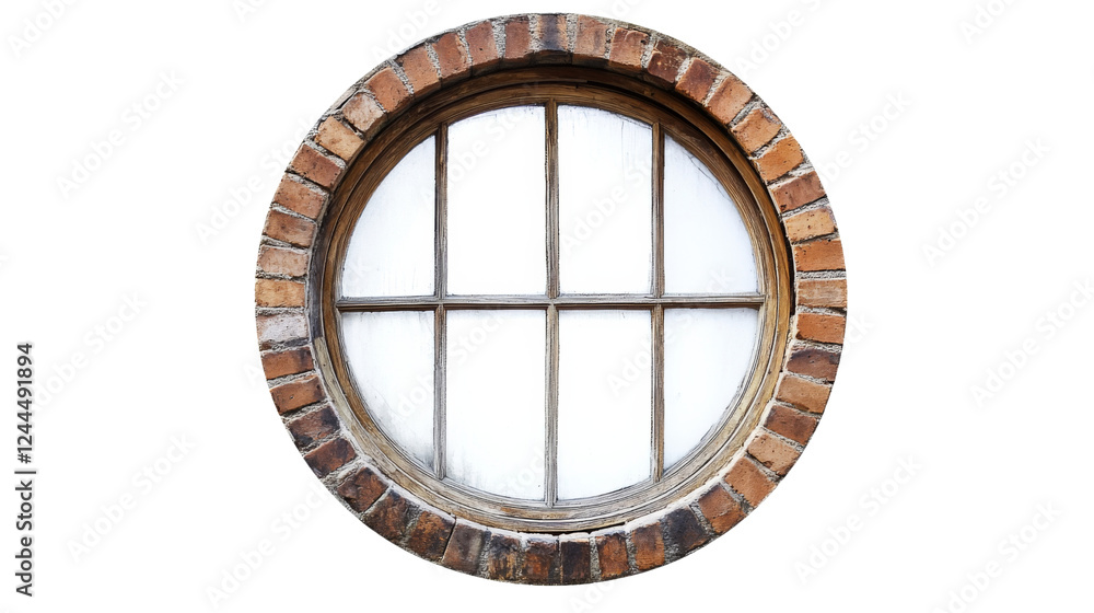 Poster round window with brick frame on transparent background illuminating empty space