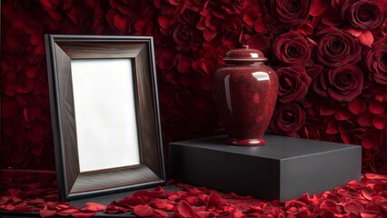 Elegant Funeral Mockup with Dark Red Flowers and Urn