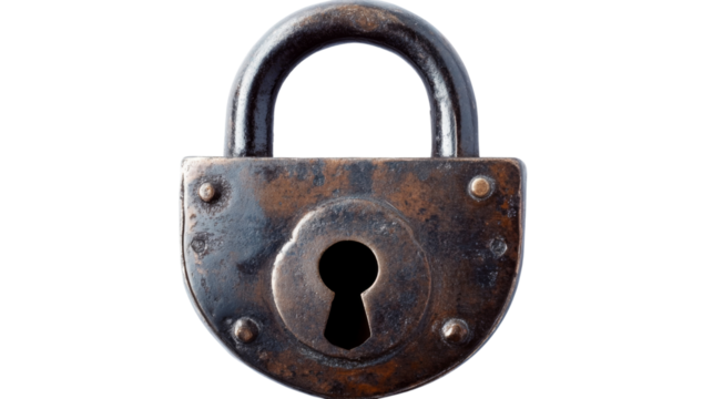 Old rusty closed padlock isolated on transparent background