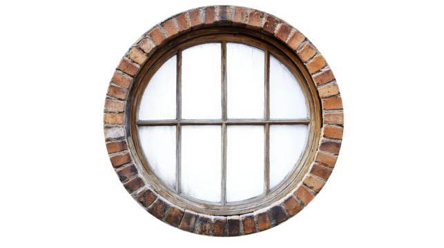 Round window with brick frame on transparent background illuminating empty space