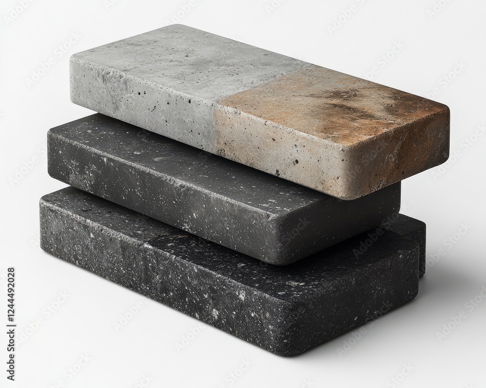 Poster a modern composition of three stacked concrete blocks showcasing varying textures and colors, ideal 