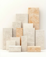 A collection of various stone blocks arranged creatively. Ideal for backgrounds, textures, or architectural themes in design projects.