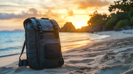 Closeup of a black travel backpack, placed on the sand beach, coast side of the sea or ocean water at the sunset, traveling and exploring, summer adventure, tourist freedom outdoors.
