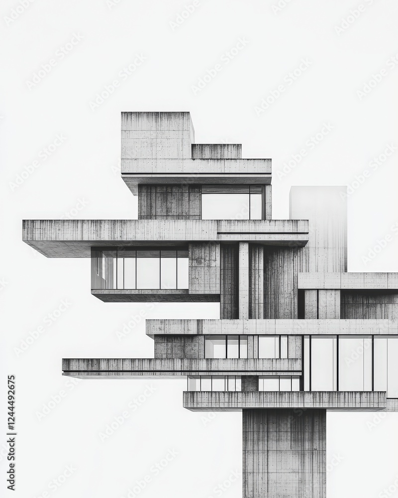 Poster a modern, abstract architectural structure showcasing unique geometric design with varied levels and