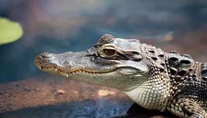 Obraz premium Upclose Portrait of a Vigilant Young Alligator on a Swampy MossCovered Log at Dusk, Displaying Sharp Eyes and Scaled Skin in a Serene, Mysterious Atmosphere.
