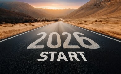 Desert highway with 2026 START text painted on asphalt creating adventure themed pathway design for new year 2026 celebration concepts