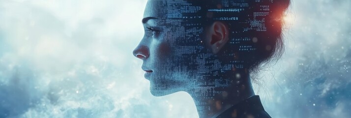 Woman with Binary Code Overlay AI, Digital Transformation, or Human-Technology Integration