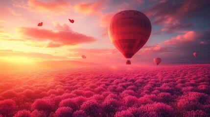 Fototapeta premium Colorful hot air balloons float over a vibrant field at sunset.