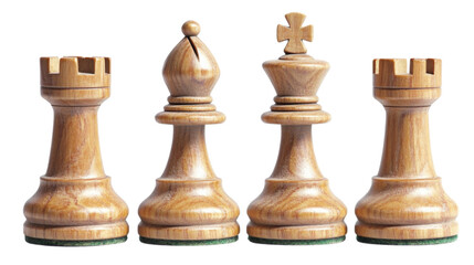 King, rook, and bishop chess pieces standing on transparent background