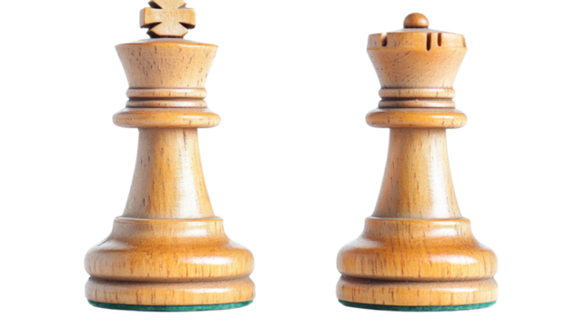 Wooden king and queen chess pieces isolated on transparent background