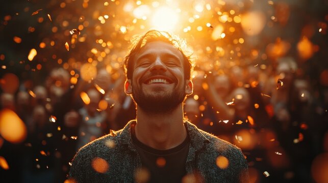 A joyful young man smiles brightly surrounded by shimmering golden confetti in warm sunlight. The festive atmosphere is vibrant and full of energy. Lifestyle people concept.