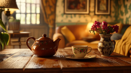 "Warm Afternoon Tea &ndash; Brown Earthenware Teapot and Cup on Wooden Table in a Cozy Room"

