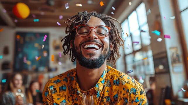 A joyful young man smiles brightly surrounded by  confetti. The festive atmosphere is vibrant and full of energy. Lifestyle people concept.