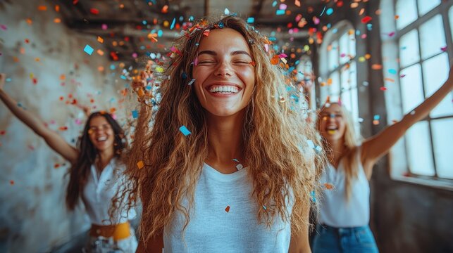 A joyful young woman smiles brightly surrounded by  confetti. The festive atmosphere is vibrant and full of energy. Lifestyle people concept.