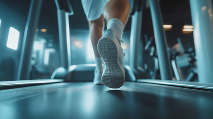 Young man walking or running on a treadmill machine in the modern gym interior. closeup of a youthful male person's legs and shoes, cardio workout, healthy lifestyle, active exercise.