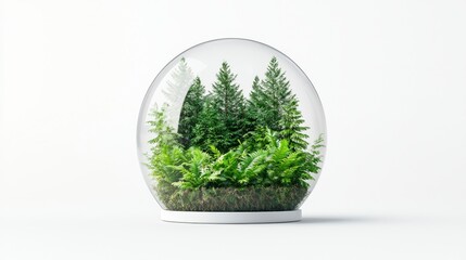 A beautiful terrarium featuring lush green plants and miniature trees encapsulated in a glass globe, creating a serene indoor nature display.