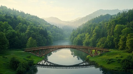 Fototapeta premium A serene landscape featuring a wooden bridge over a calm river, surrounded by lush greenery and misty mountains, capturing tranquility and nature's beauty.