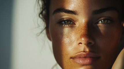 Fototapeta premium A close-up portrait of a woman gently applying face cream with a calm, focused expression. Cool-toned lighting casts soft shadows on her smooth skin, with a minimalist plain backgr