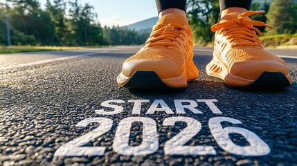 START 2026 painted on asphalt with orange running shoes creating energetic new beginnings theme for new year 2026 celebration