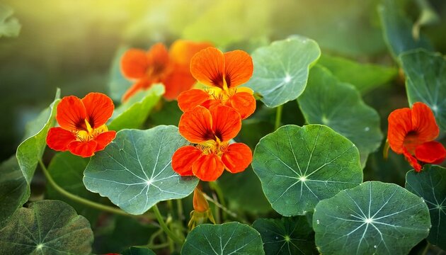 Nasturtium plant with orange flowers growing in the garden