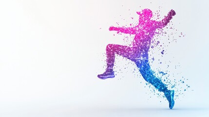 Vibrant silhouette of a jumping athlete, composed of colorful splashes, representing energy, movement, and passion for sports and fitness.