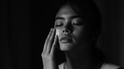 Fototapeta premium A woman in focus applies cream to her face, cool lighting casting soft shadows against a simple background.