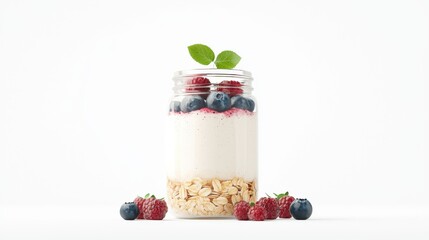 A delicious parfait layered with creamy yogurt, granola, and fresh berries, garnished with mint leaves, perfect for a healthy breakfast.