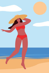 A girl in a swimsuit on the beach sunbathes under the sun. Slender woman by the sea in a hat. Vector flat graphics.