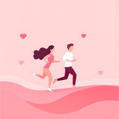 A couple running on a pink background, in a flat illustration style, with heart-shaped 