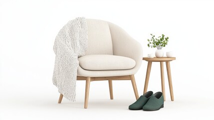 A cozy armchair draped in a soft blanket, paired with a wooden side table and a small plant, creating a welcoming and comfortable living space.