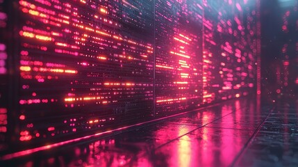 Obraz premium A futuristic digital environment with glowing lines and reflections.