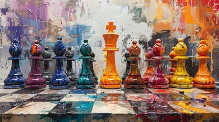 A perfect shot of colorful chess pieces placed on chess board in front of painted wall