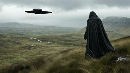 Mysterious figure in black cloak observes unidentified flying object over rugged landscape - Powered by Adobe
