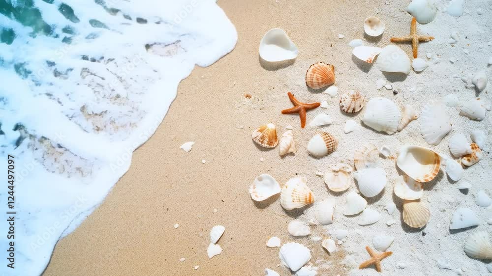 Poster Crystal clear waves gently caress a collection of seashells and starfishes arranged on the pristine sand of a tropical beach, creating a serene and captivating scene in slow motion