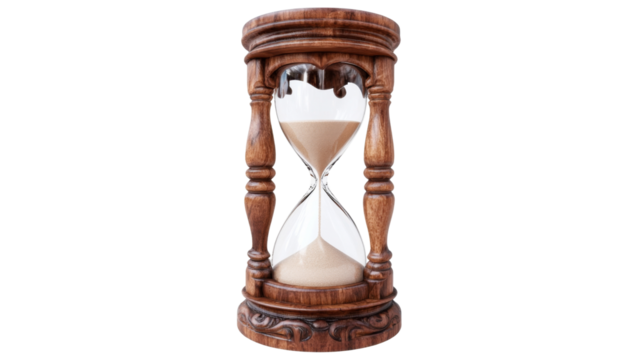 Wooden hourglass measuring time on transparent background