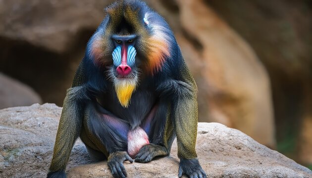Vibrant Male Mandrill Monkey Perched on Rock Amidst Lush Tropical Landscape, Exhibiting Expressive Facial Features and Rich Colors