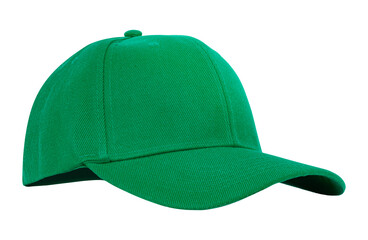 Classic green cap with curved brim, without logo, isolated on transparent background, ideal for...