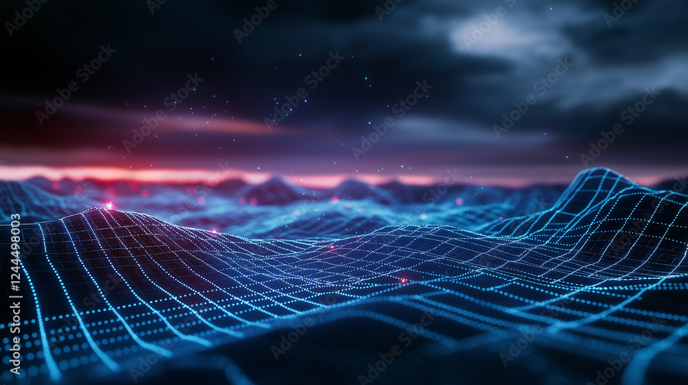 Poster a futuristic digital landscape with a glowing blue grid stretching into the distance, illuminated by