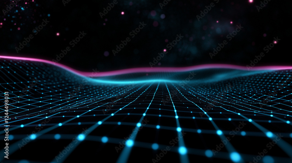 Aufkleber a futuristic digital landscape with a glowing blue grid stretching into the distance, illuminated by